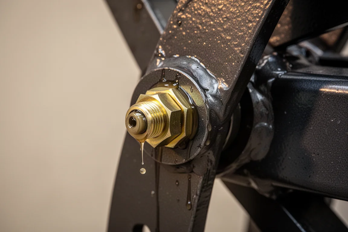 Close-up van een smeernippel op een zwaar trekhaakmechanisme