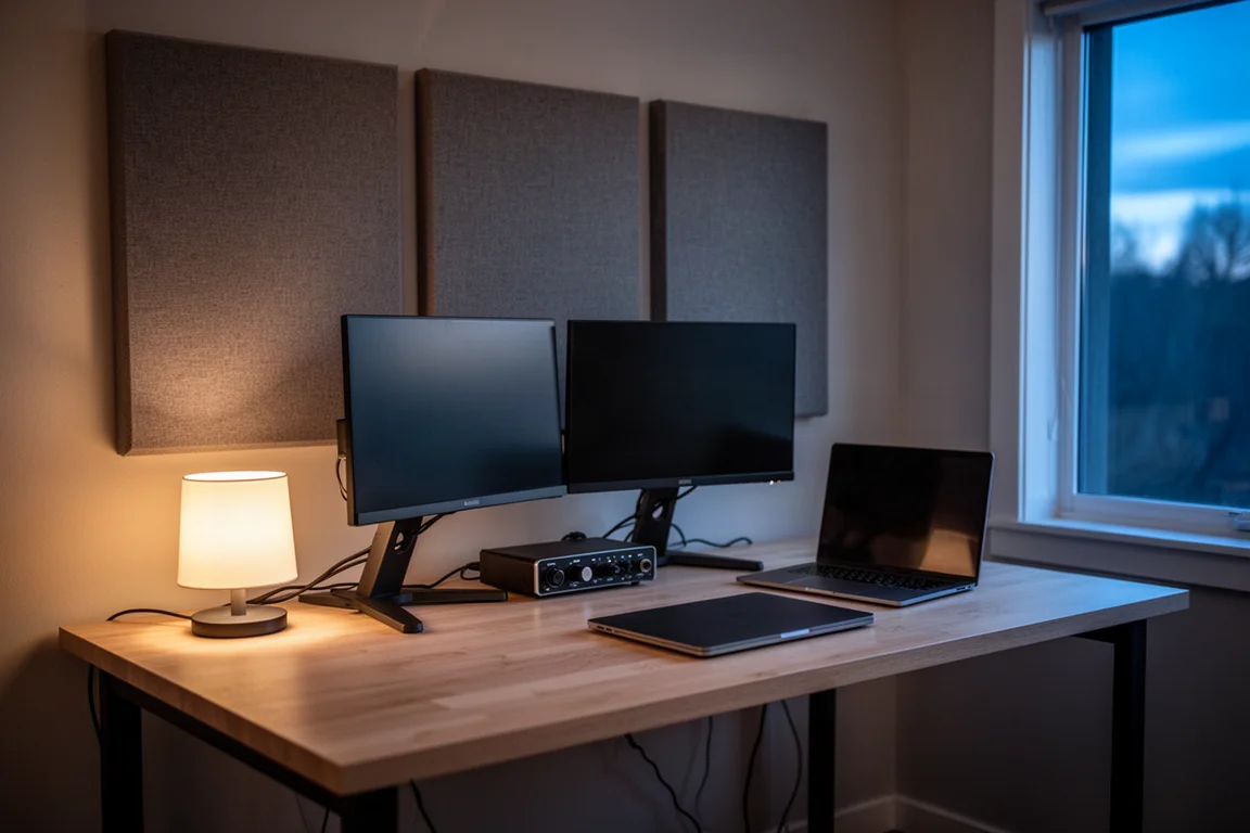 Scrivania compatta di uno studio domestico con due piccoli monitor su supporti inclinati al crepuscolo