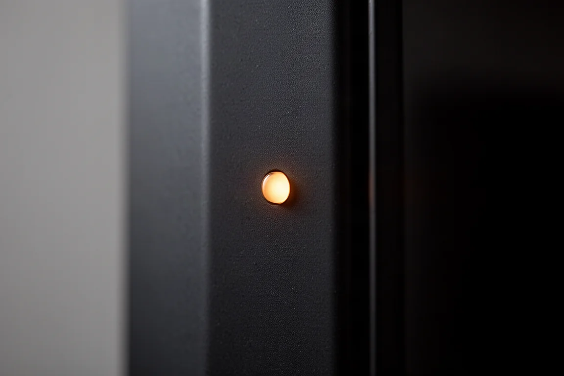 LED di stato ambra acceso su un baffle opaco scuro in una stanza in penombra