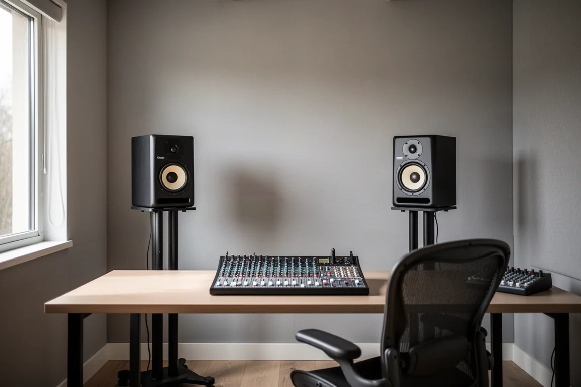 Sala di mixaggio vuota con monitor compatti su supporti puntati verso un'unica sedia
