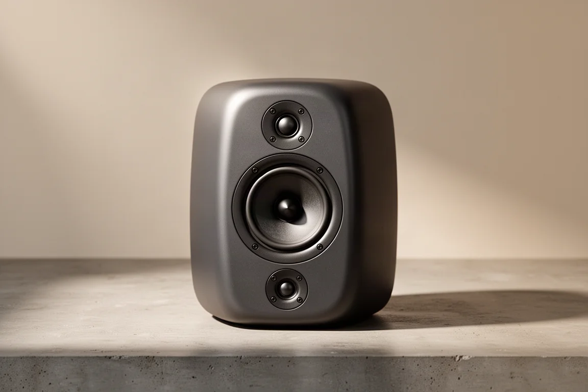 Compact coaxial studio monitor with rounded dark cabinet on a concrete surface