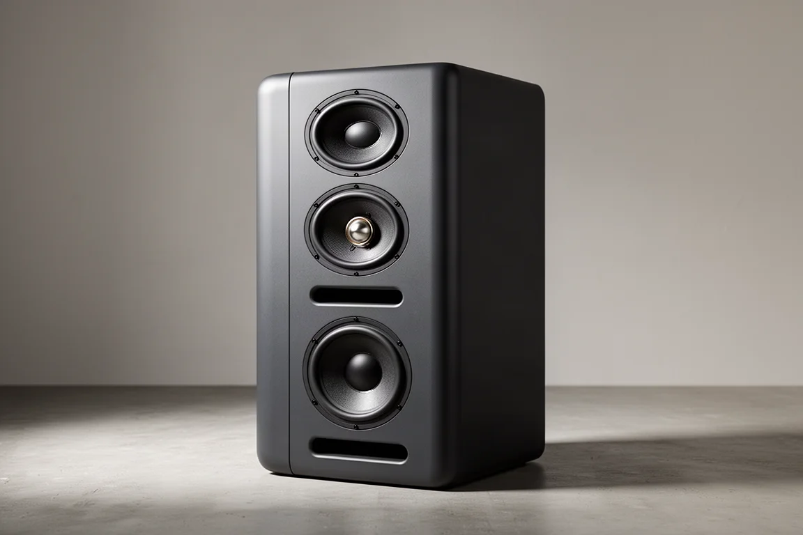Large dark grey three-way active studio monitor cabinet standing on a concrete surface