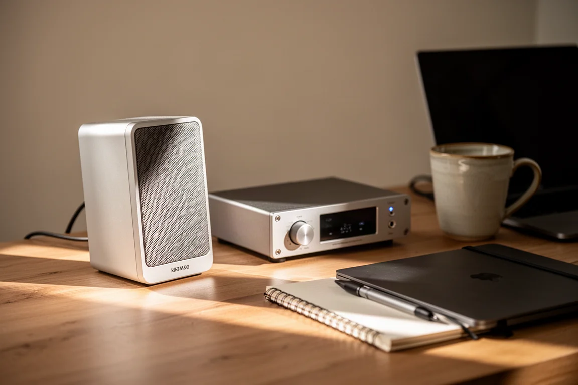 Compact aluminum speaker on a wooden desk beside a small amplifier and a laptop