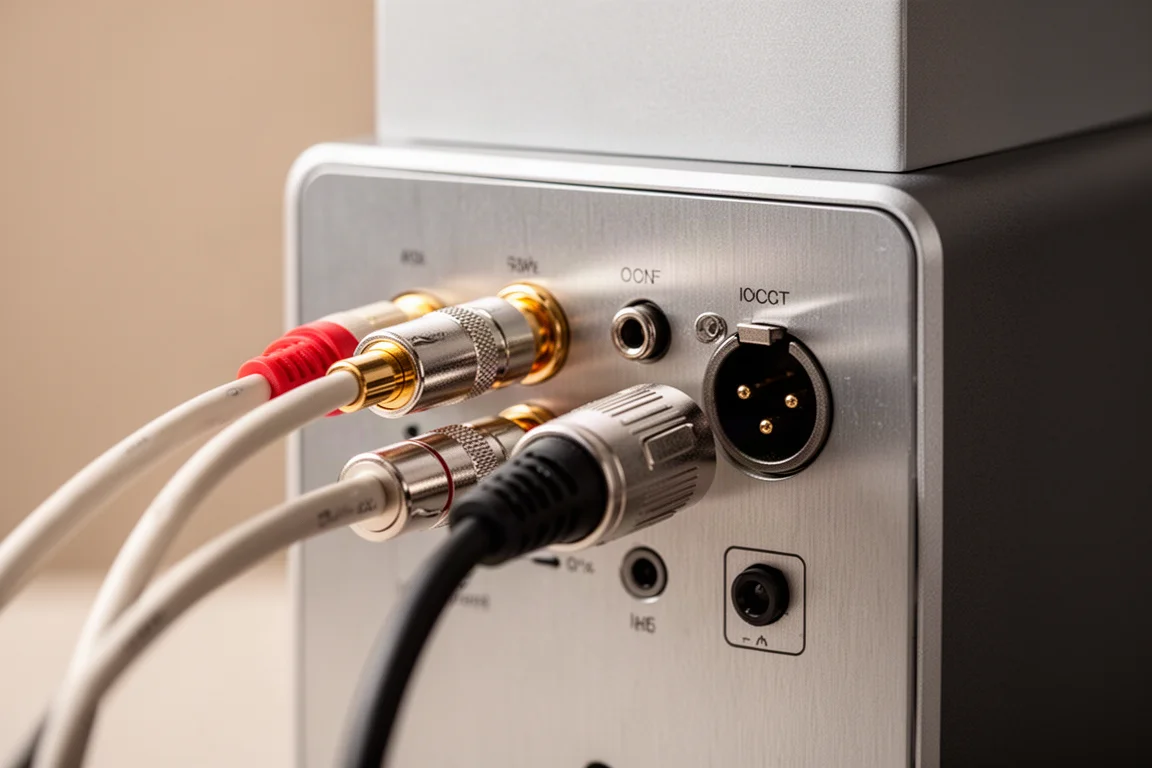 Analog RCA and XLR cables connected to the rear panel of a compact aluminum speaker