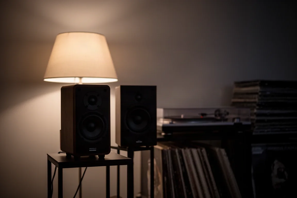Small speaker on a stand in a dim listening room lit by a table lamp at night