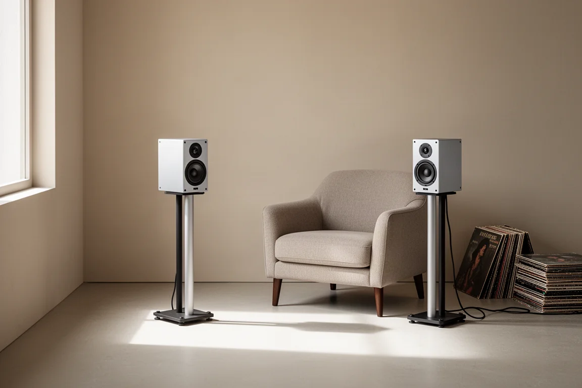 Two compact aluminum speakers on stands in a small minimally furnished listening room