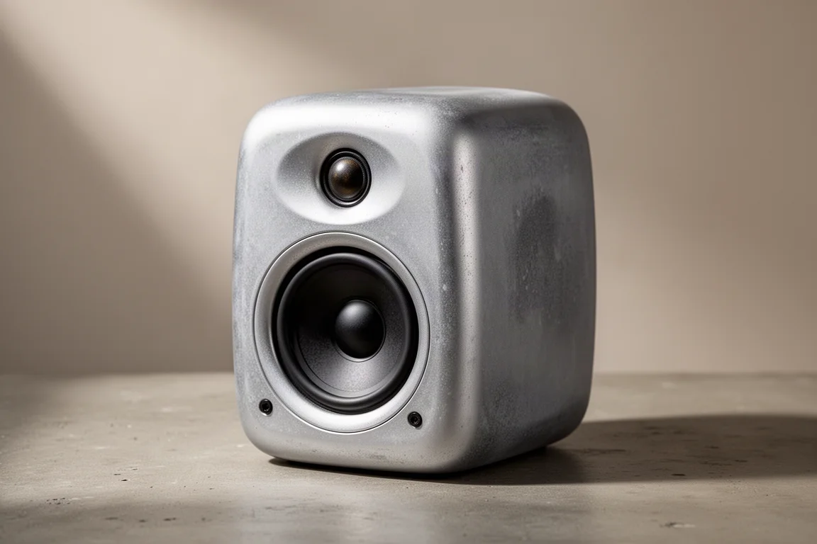 Compact cast-aluminum active studio monitor on a matte concrete surface