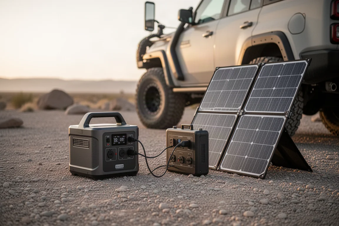Estación de energía cargándose desde un panel solar a plena luz del día en exteriores
