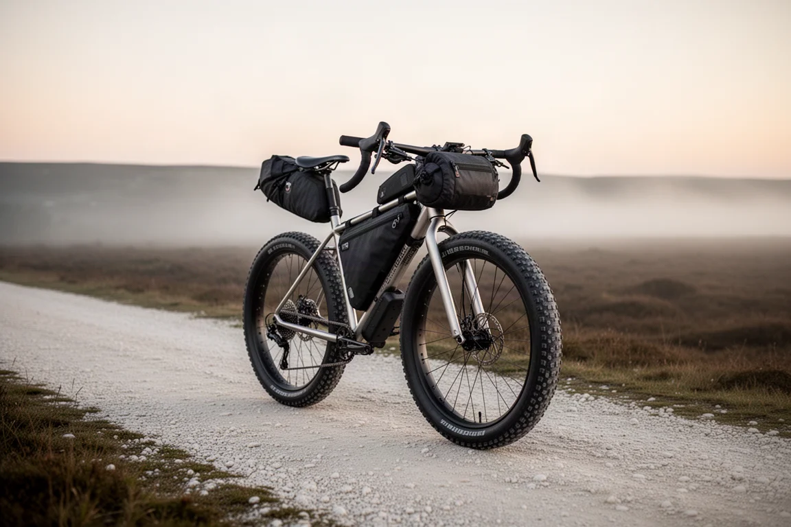 Loaded steel adventure bike rolling along a gravel track at dawn