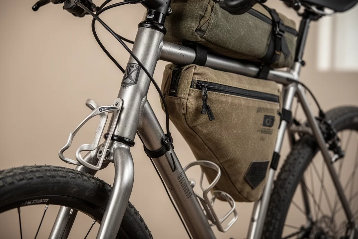Close-up of fork and frame mounts with bottles and a bikepacking bag