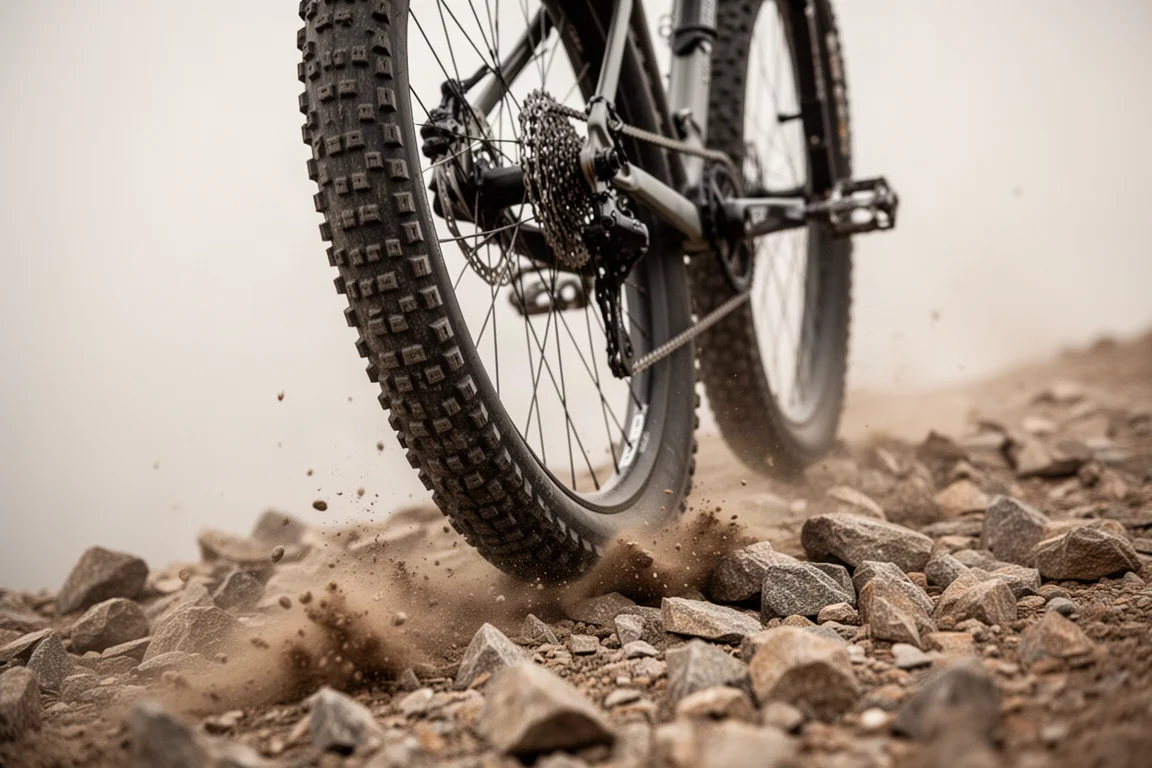Wide tires gripping loose chunky gravel on a rough descent