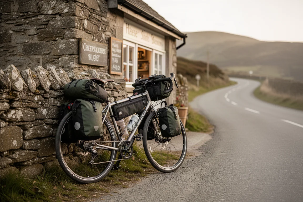 Steel touring bike parked outside a rural shop with loaded bags