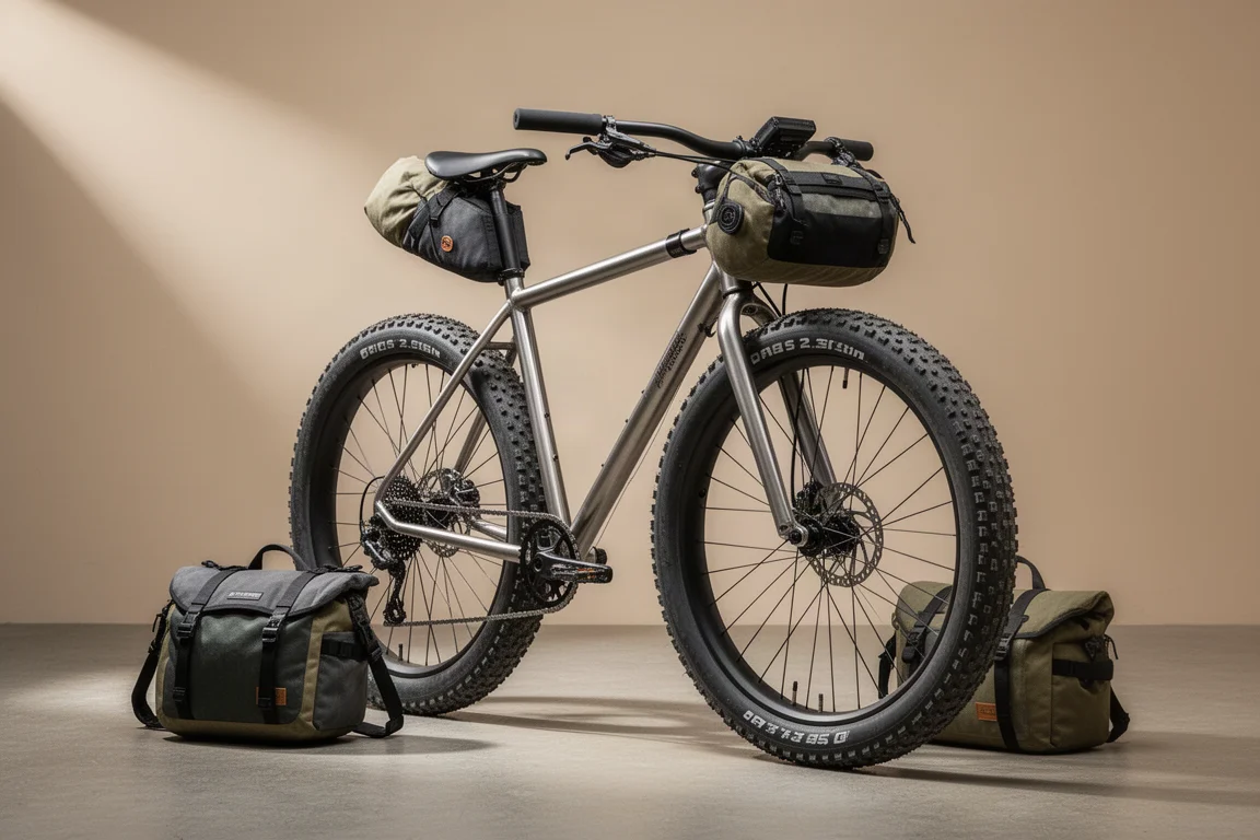 Steel drop-bar adventure bike with wide knobby tires and bikepacking bags on concrete
