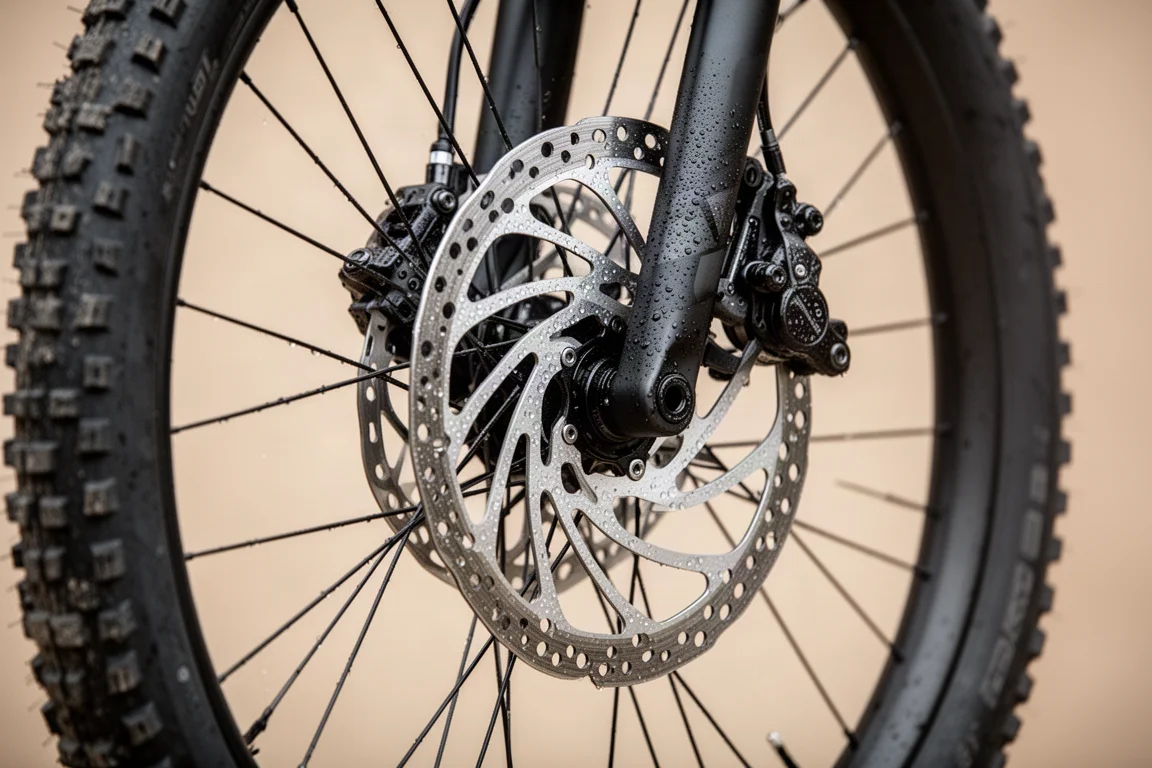 グラベルバイクのホイールに付いたフロントディスクローターと油圧キャリパーのクローズアップ