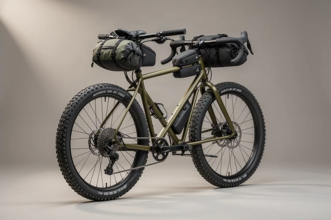 Ståladventurecykel med bockstyre, knottriga däck och bikepackingväskor mot en grå bakgrund