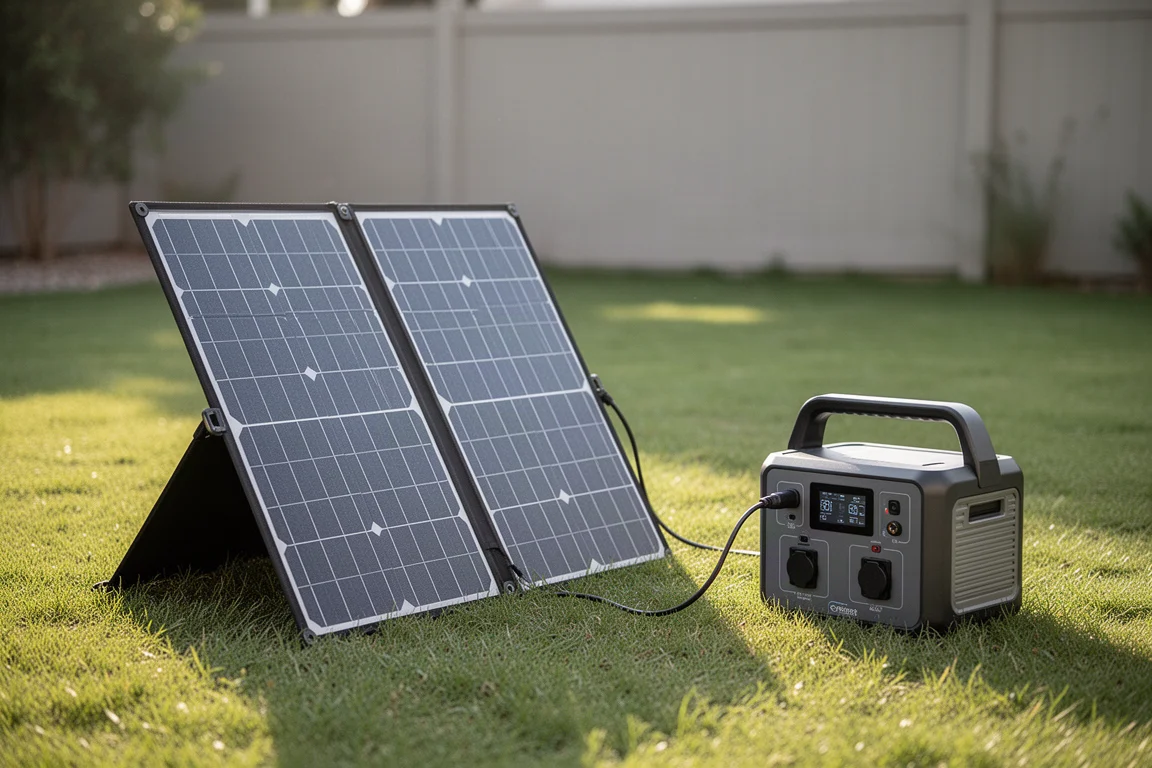 太陽能板在戶外全日照下為便攜式電源站充電