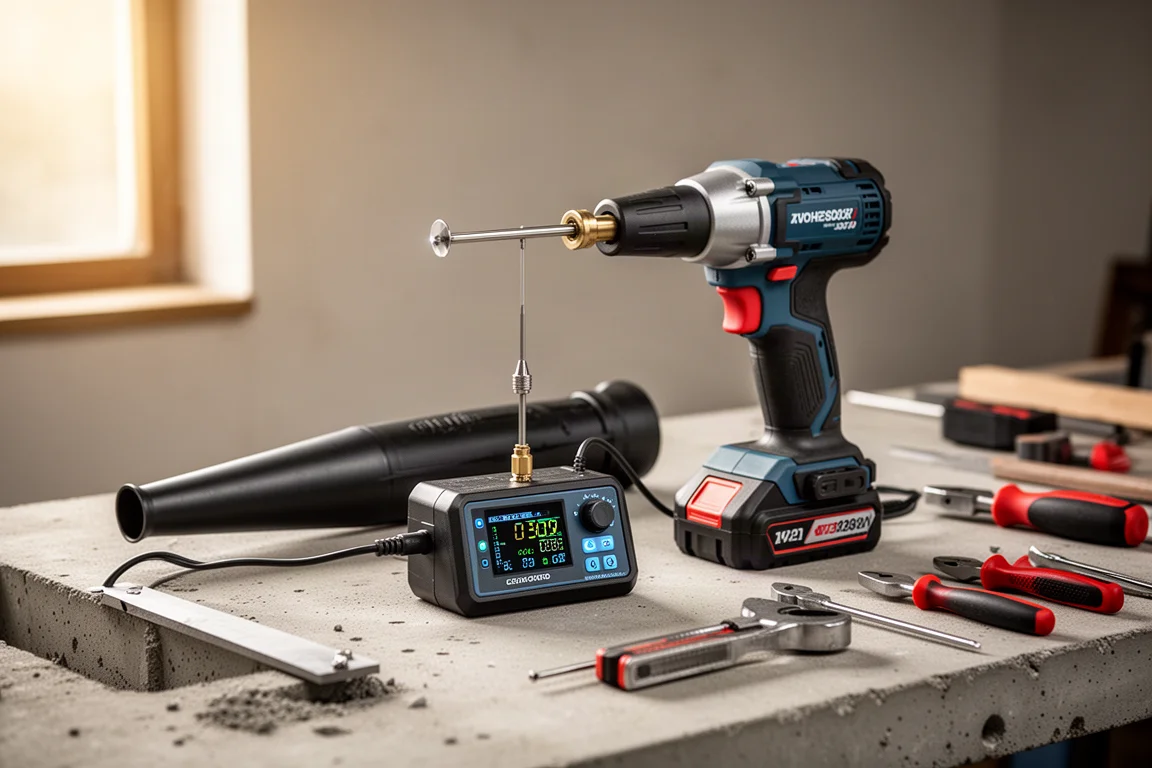 Workbench testing setup with a blower tool, airflow meter, and battery packs
