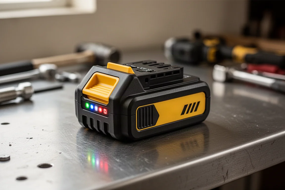 Close-up of a black and yellow slide battery pack on a workshop bench