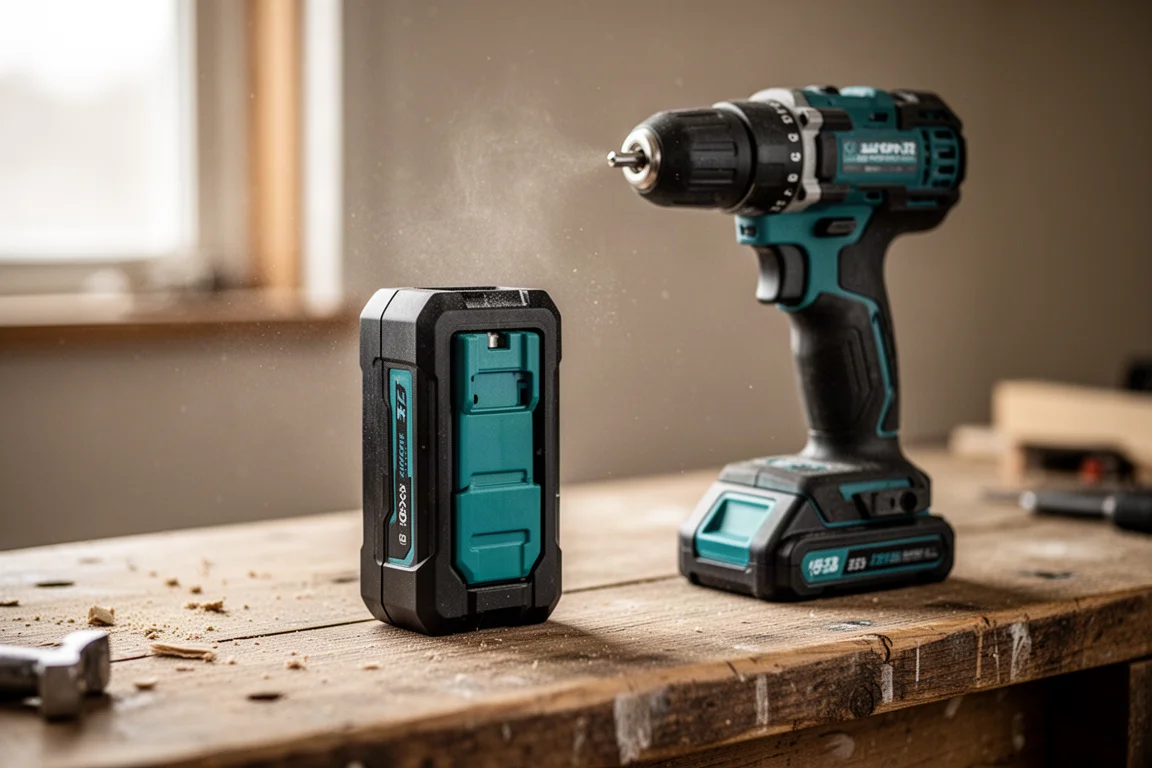 Black and teal slide battery pack beside a drill on a wooden bench