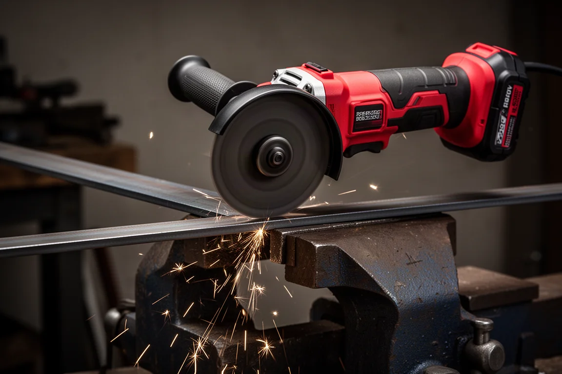 Red and black angle grinder in use on a workshop floor with sparks