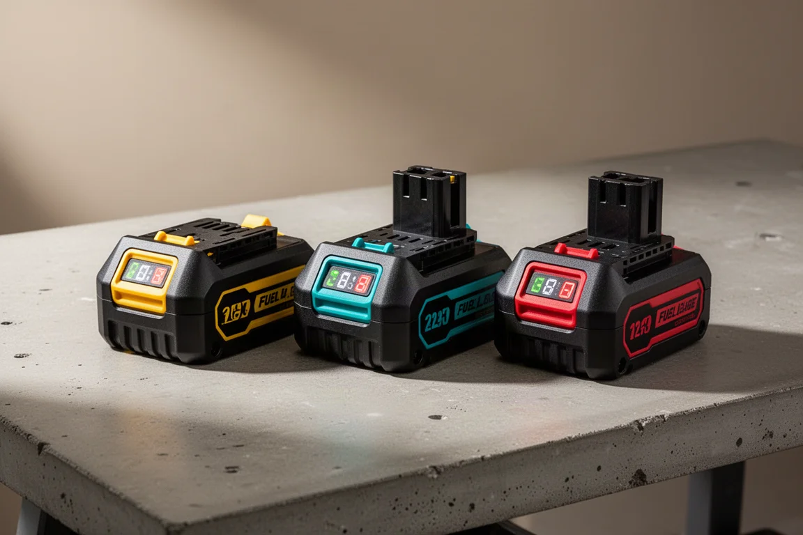 Three cordless power tool battery packs in yellow, teal, and red on a concrete workbench
