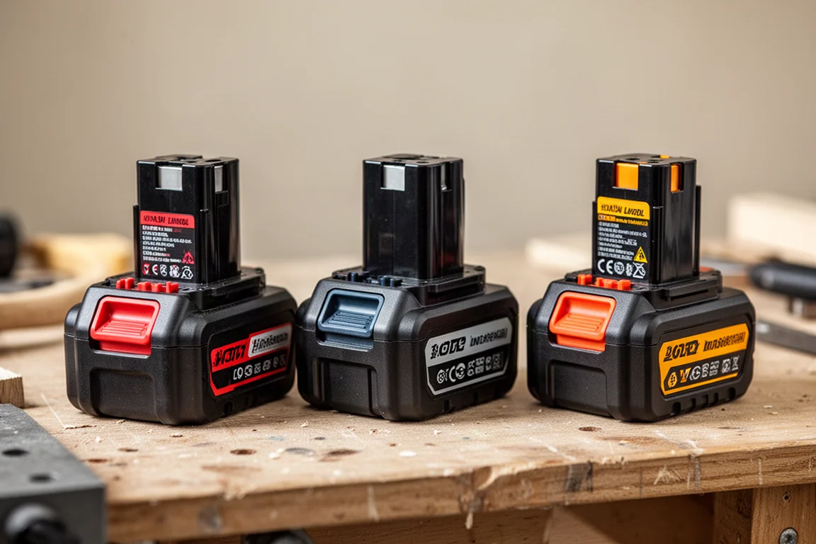 Three power tool batteries side by side showing visible differences in case construction