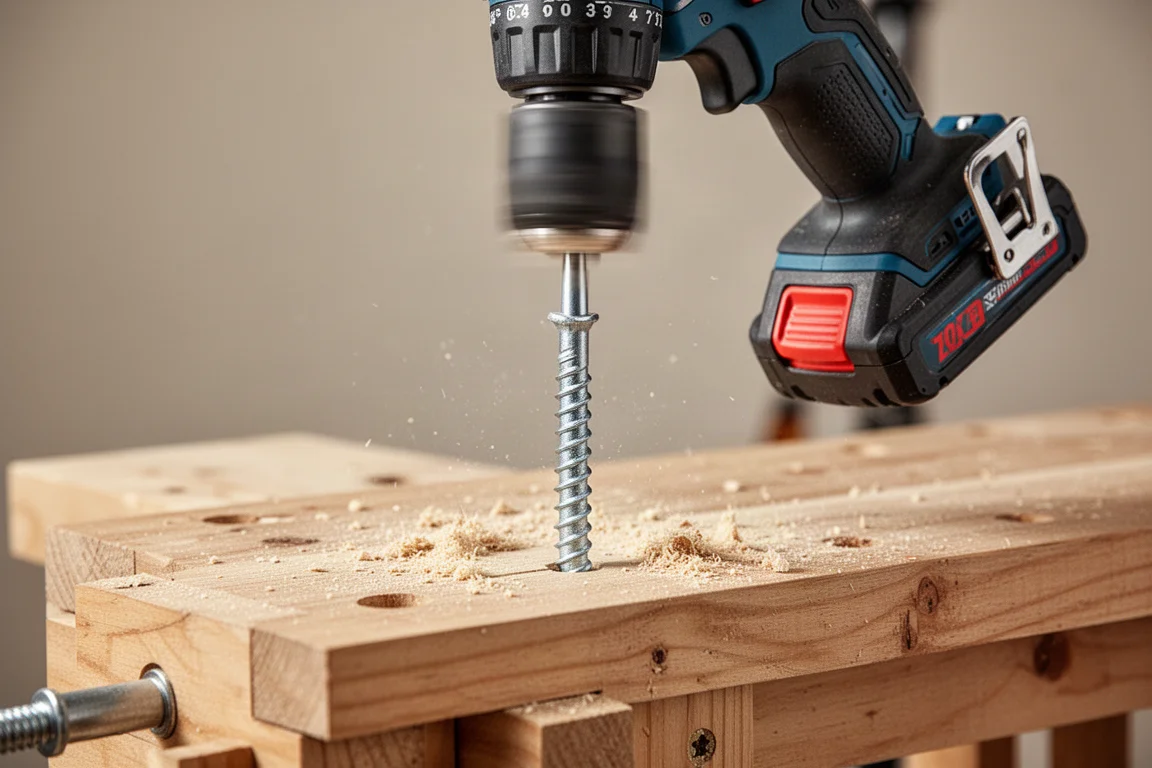 Power tool battery connected to a drill driving a lag bolt into wood