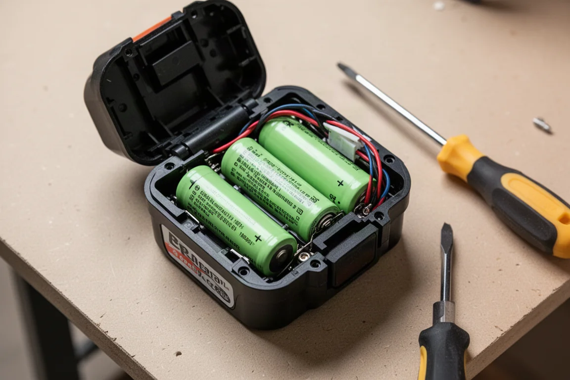 Battery pack opened to reveal internal cells and wiring