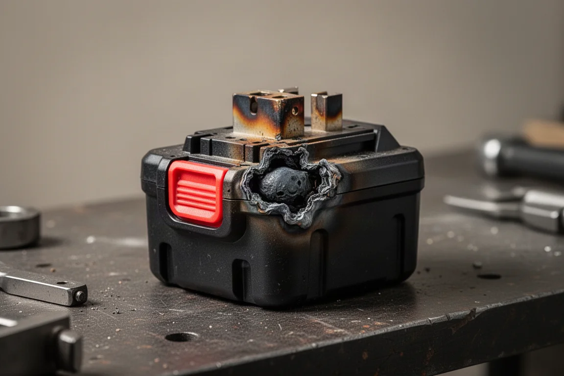 Power tool battery with visible heat damage and melted components
