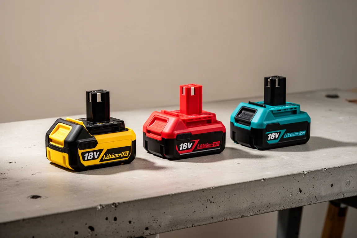 Three genuine power tool battery packs in yellow, red, and teal on a concrete workbench