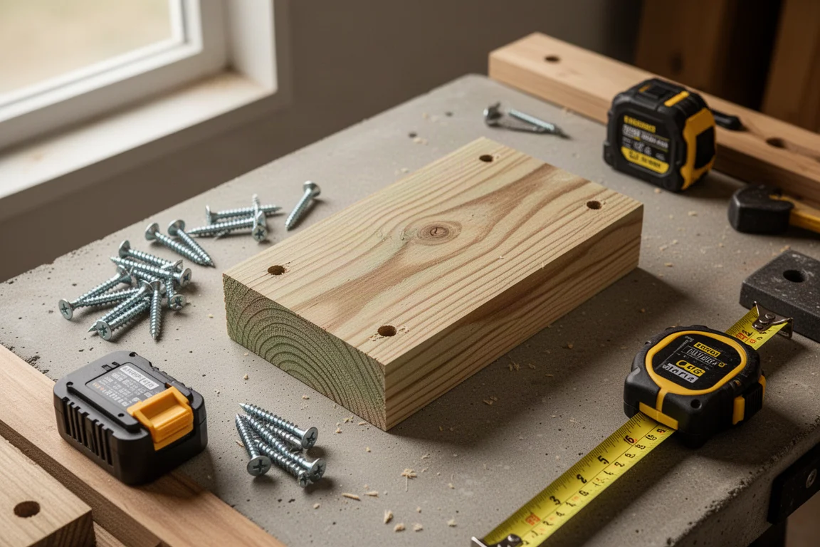 Établi d'atelier avec outils sans fil, vis et bûche de test prête pour les essais de vissage