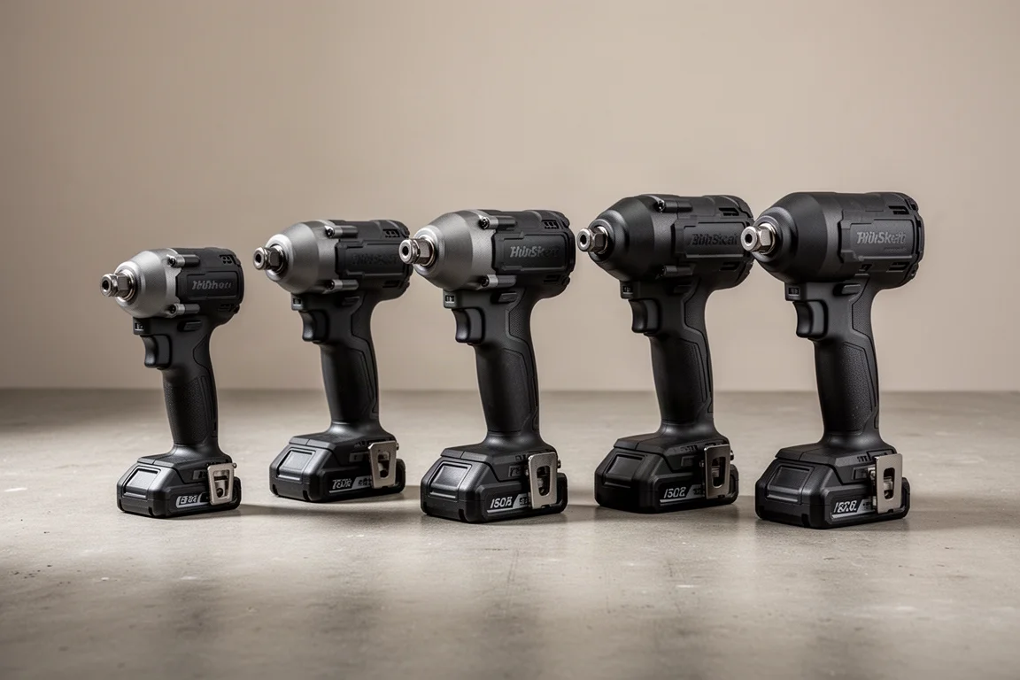 Five cordless impact tools lined up on a concrete workshop surface