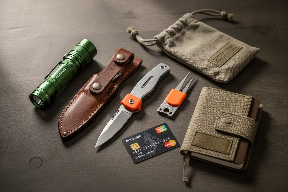 Flat-lay of outdoor EDC gear including flashlight, knife, tweezers, fire card, pouch, and wallet