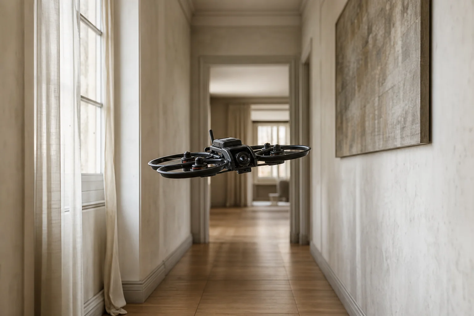 Dron FPV volando en interiores a través de un pasillo estrecho con luz natural suave