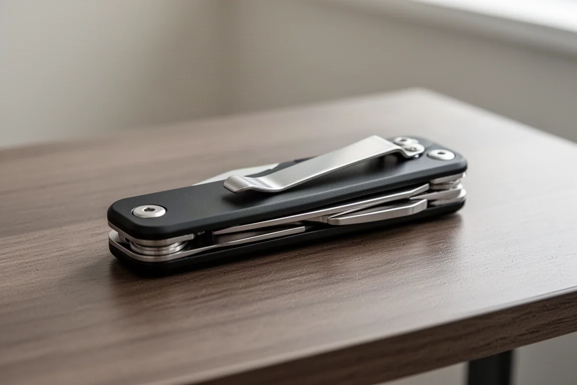 Geschlossenes schwarzes Multitool mit Taschenclip auf einem hölzernen Schreibtisch