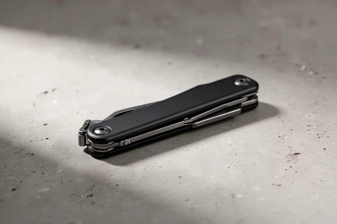 Multi-tool pieghevole nero sottile su una superficie di cemento