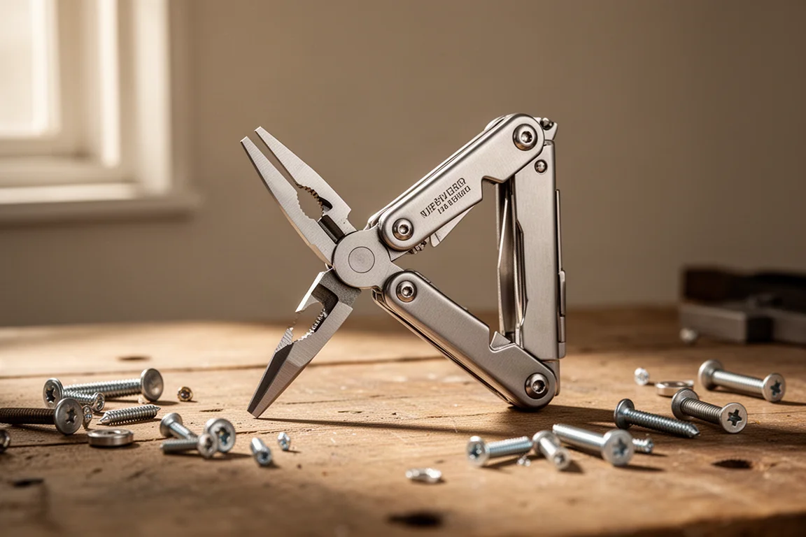 Multitool otwarty w jednej dłoni z wysuniętą głowicą szczypiec