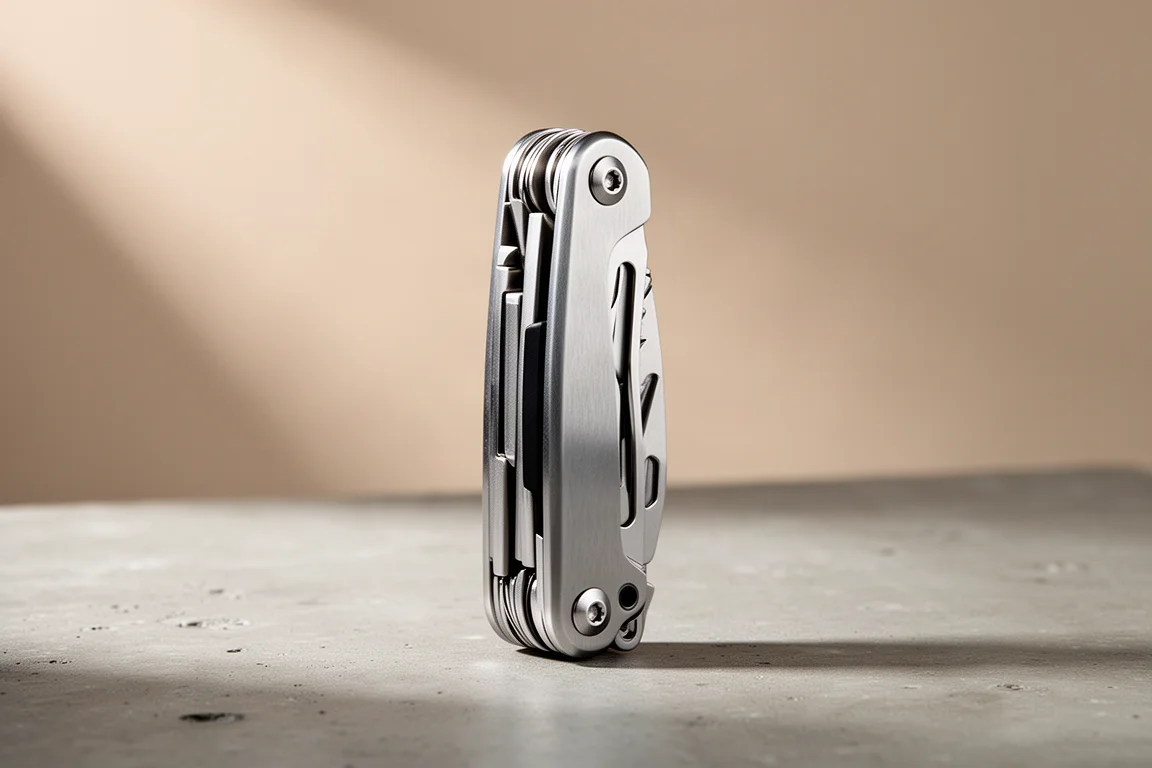 Closed stainless multi-tool standing upright on a concrete surface