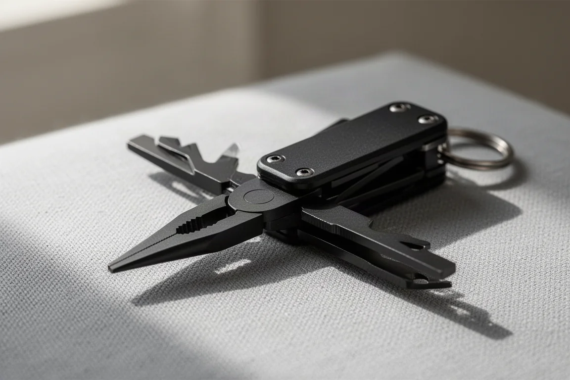 Multi-outils porte-clés compact noir ouvert pour montrer ses pinces à bec fin
