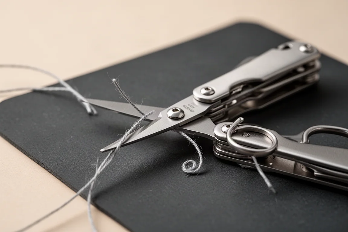 Ciseaux d'un petit multi-outils coupant proprement du fil sur un tapis de travail