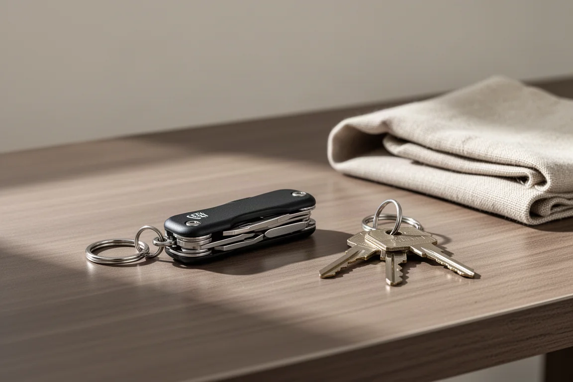 Multi-outils porte-clés noir posé à côté d'objets du quotidien sur un bureau