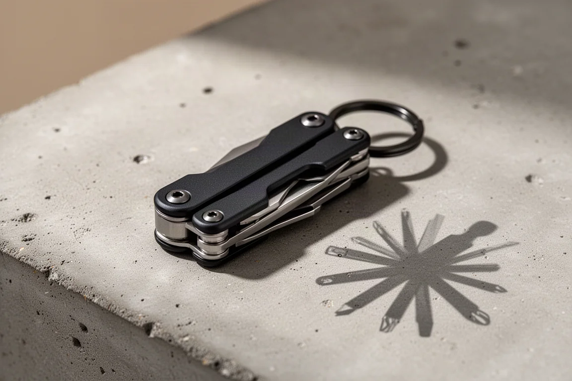 Multi-tool compatto nero da portachiavi su una superficie di cemento opaco