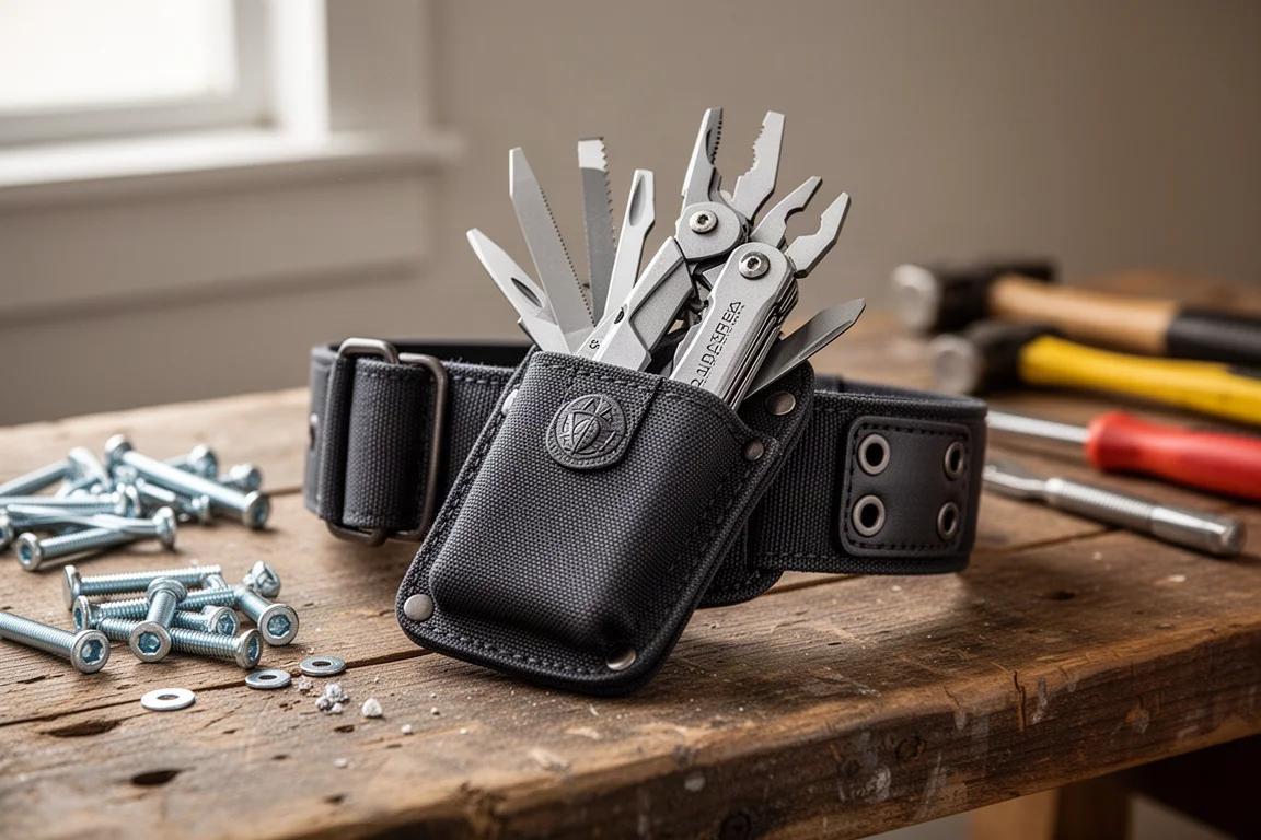 Stevige multitool in een riemholster op een werkbank