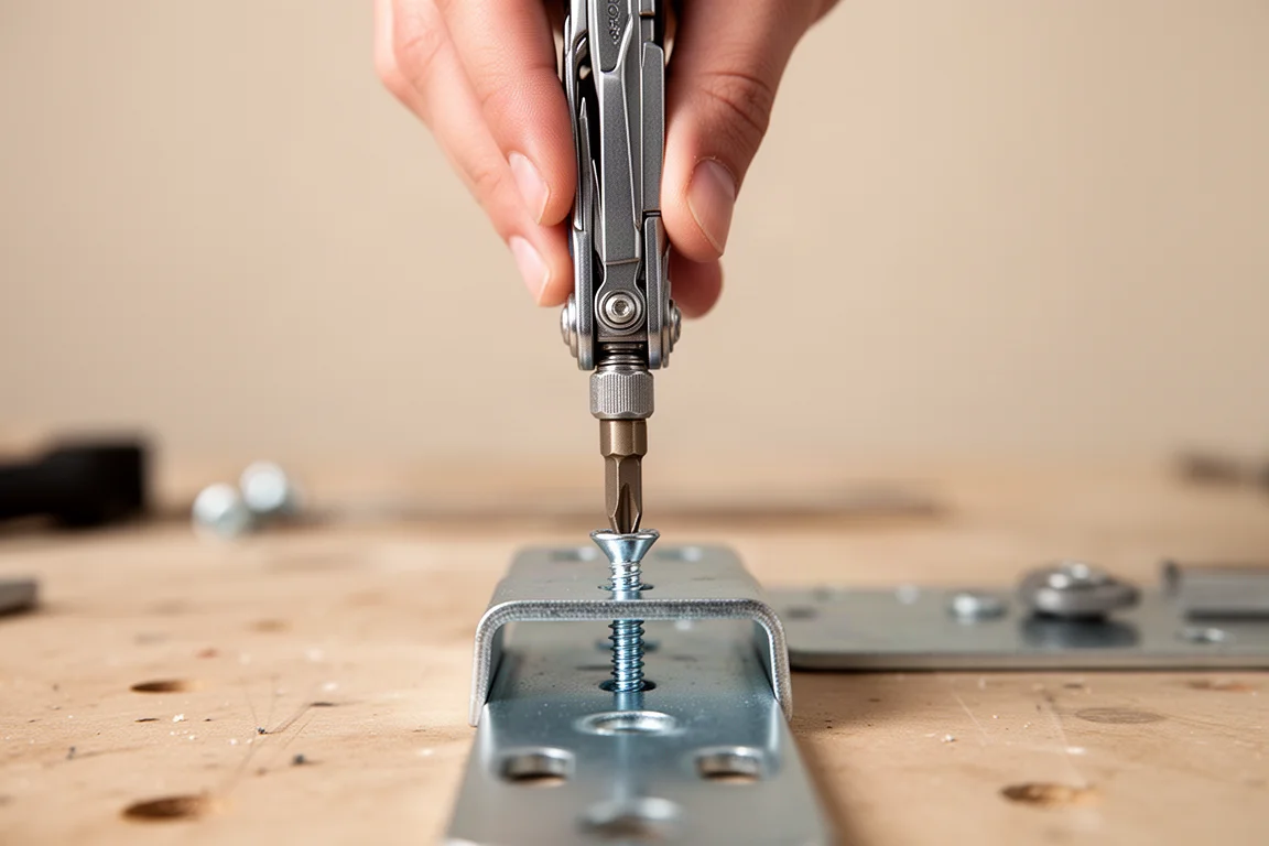 Bithouder van een multitool met een bit in een schroef