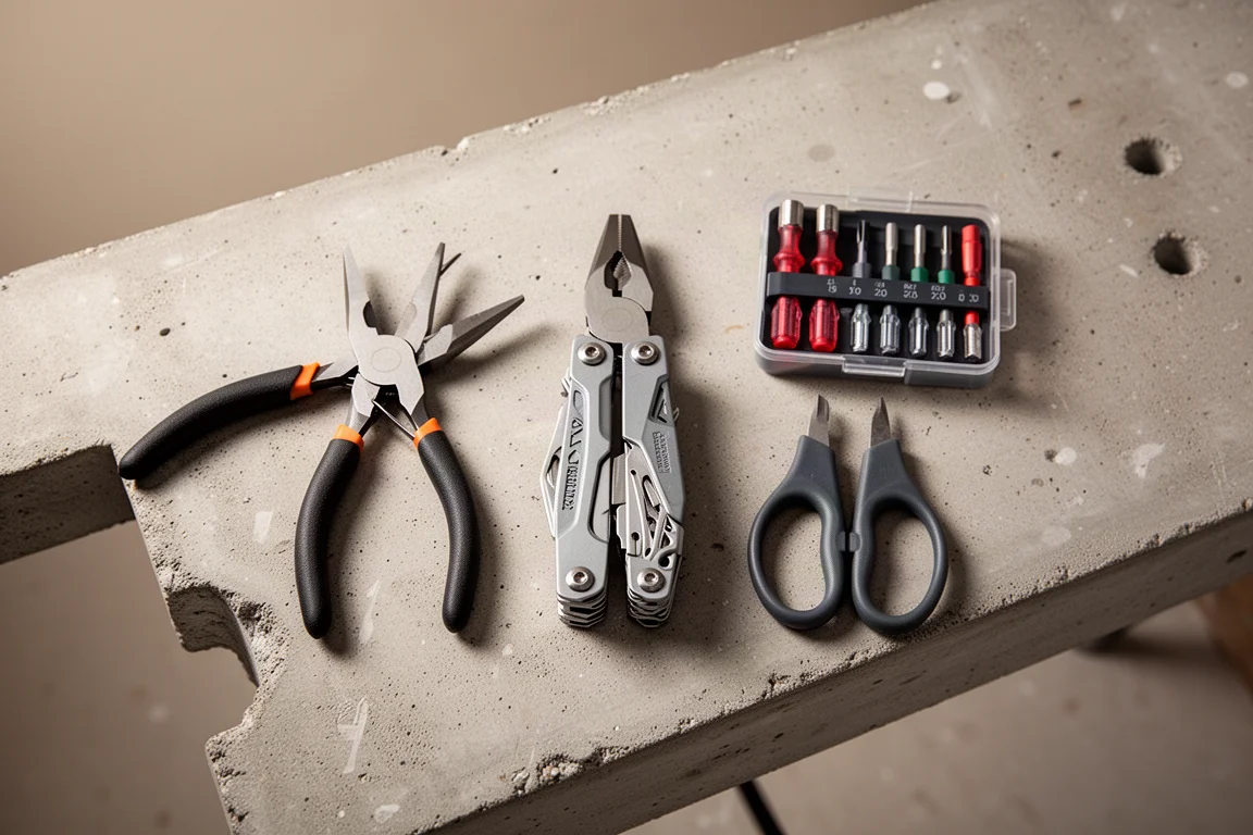 Geopende gereedschapsset op een werkbank met een multitool in het midden
