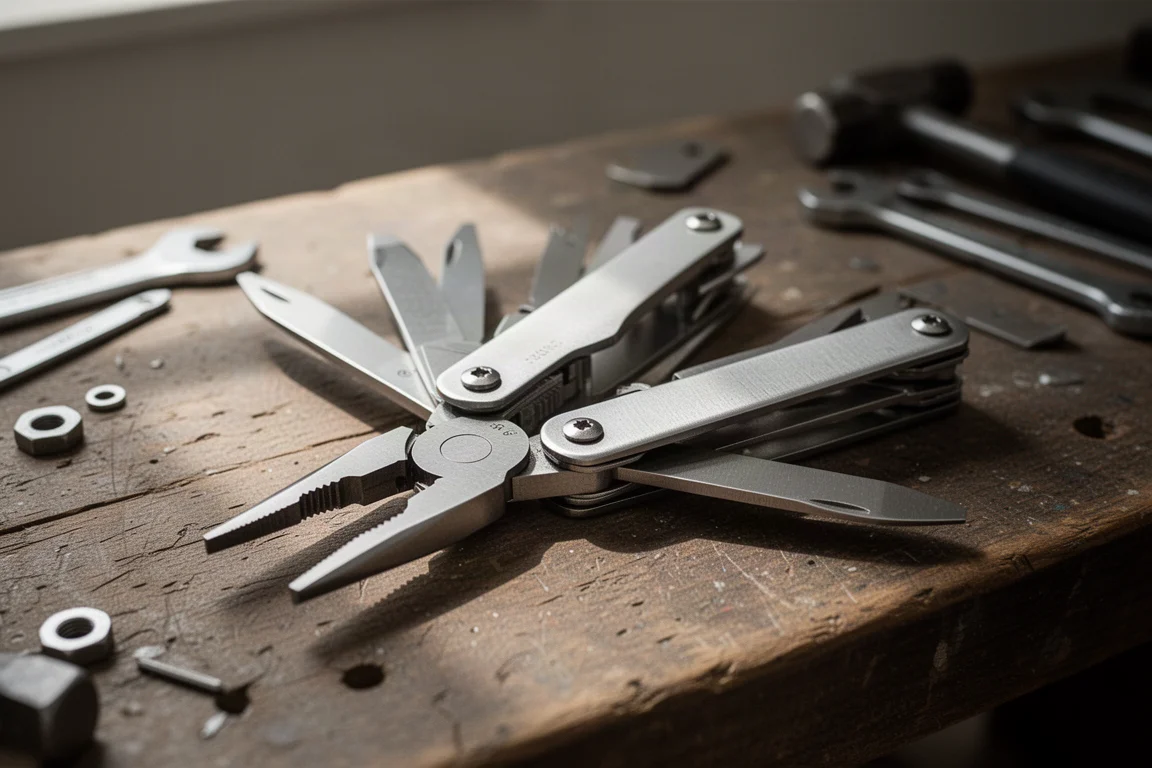 Großes Multitool mit stumpfen Zangenbacken, geöffnet auf einer Werkstattbank