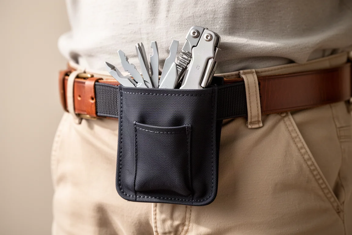 Multitool wird in eine Gürteltasche aus Stoff geschoben
