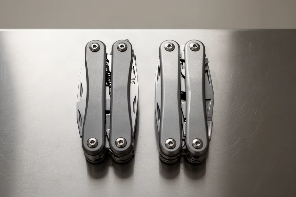 Zwei robuste Multitools nebeneinander auf einem Schreibtisch zum Vergleich