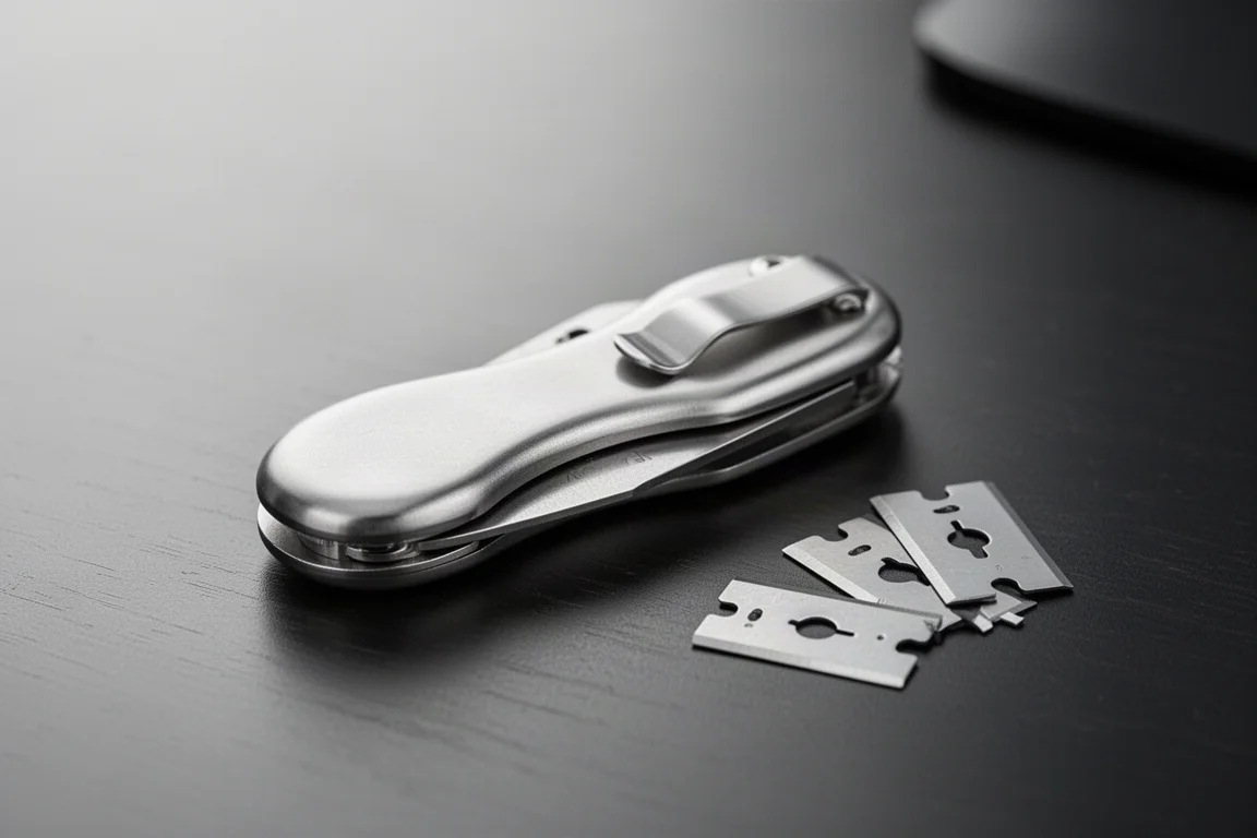 Slim stainless steel utility knife closed, showing its rounded organic profile on a dark desk