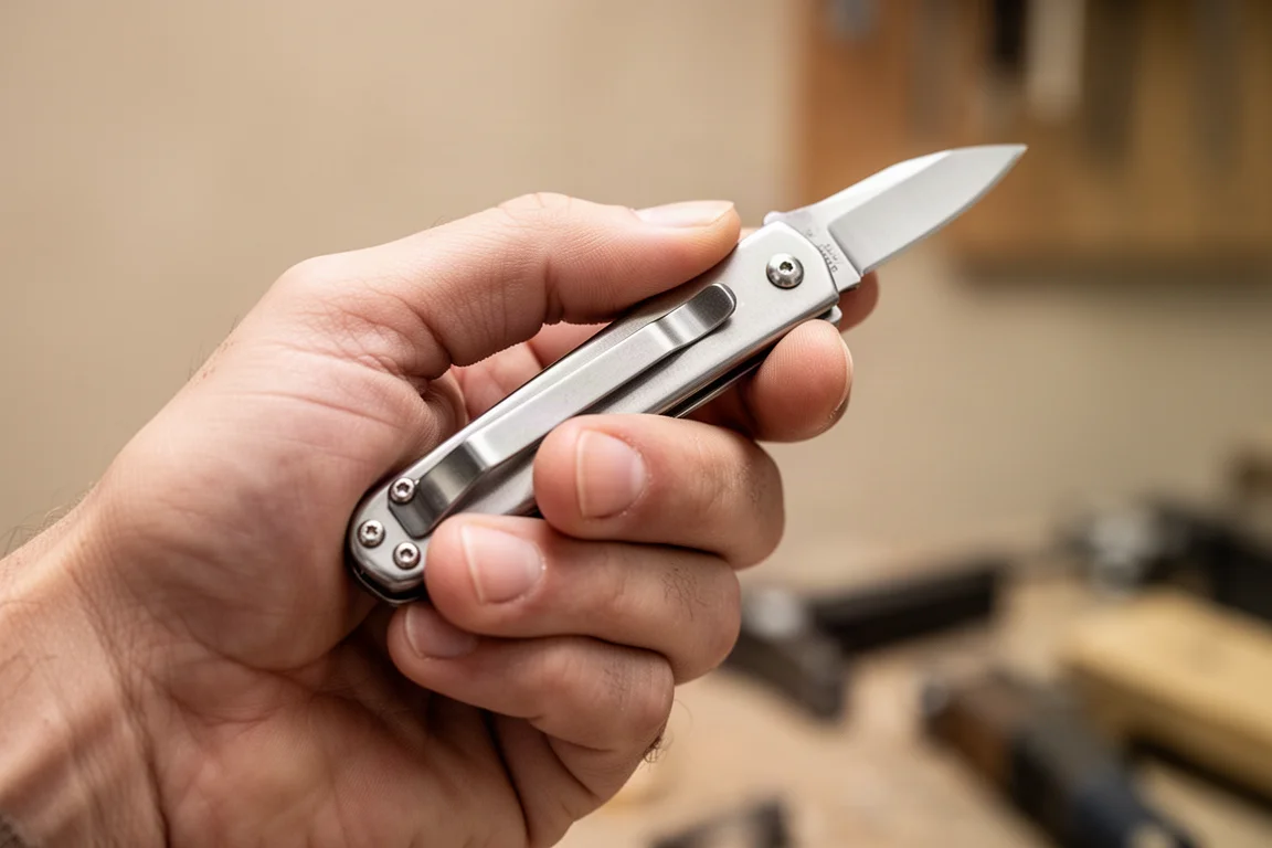 Utility knife held in hand with a finger resting over the partially exposed blade area